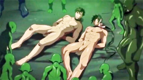 Two muscular nude anime men with visible cocks lying surrounded by green alien creatures