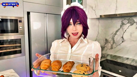 Sweetie Fox in sexy maid cosplay holding pastries seductively