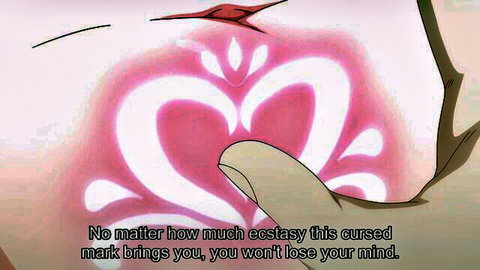 Hentai slave girl with glowing pink heart curse mark on chest promising endless ecstasy