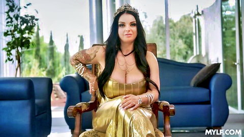 Payton Preslee with huge tits in golden queen dress, deep cleavage