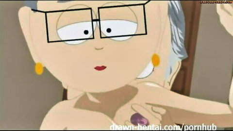 Cartoon mature glasses MILF with massive big tits squeezing jeweled purple nipple