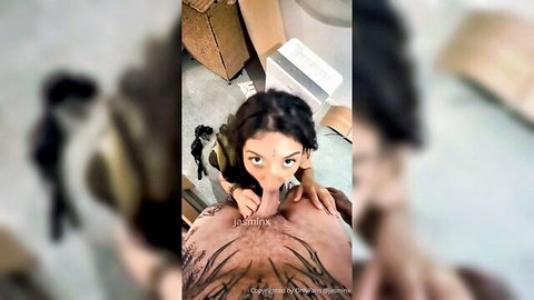 POV closeup of petite Indian brunette sucking big tattooed cock eagerly