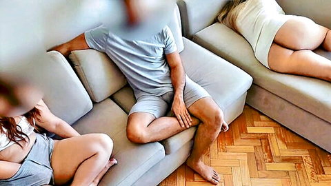 Stepsister and boyfriend lounging on couch in casual outfits, teasing view