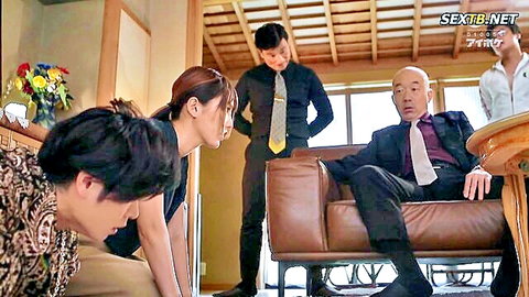 Tsubasa kneels for yakuza boss blowjob in JAV confinement scene