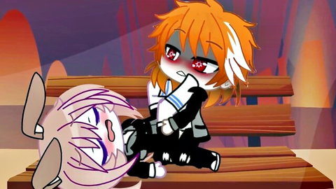 Cartoon orange-haired boy forces pink-haired girl's mouth on his cock on wooden bench outdoors