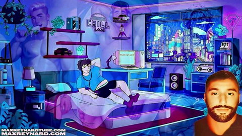 Vaporwave style fit young man lounging seductively in blue outfit
