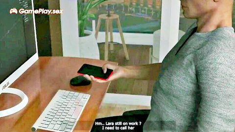 Cartoon Lara Croft MILF NTR: Man calls unaware wife at desk