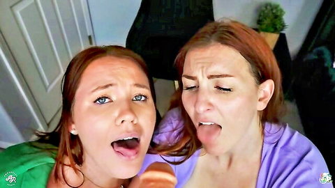 Freckled redhead teen and mature redhead step-mom licking dildo