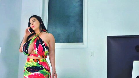 Korina Kova as busty lawyer on phone in revealing tropical dress