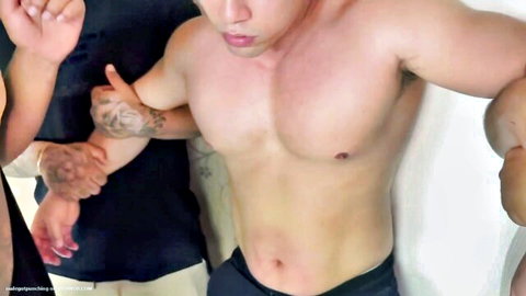 Muscular Ricardo Ruiz shirtless, gut punched by men's hands in preview