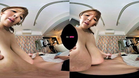 Topless busty Asian with huge tits and hard nipples posing seductively in bedroom POV fisheye