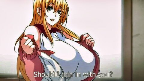Busty blonde hentai girl pulls open sweater exposing massive tits seductively