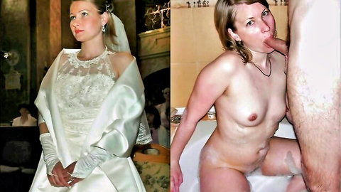 Blonde bride in white wedding dress and nude oral sex in bathtub