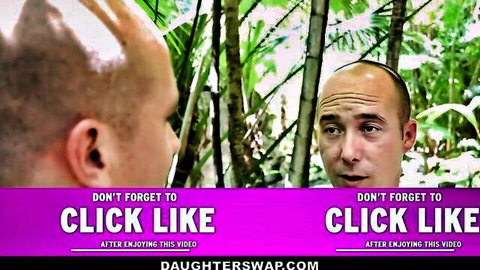 Bald men talking in jungle woods on Daughterswap, teasing teen camping swap