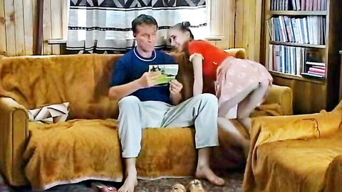 Russian teen teases stepdad with bare ass on couch