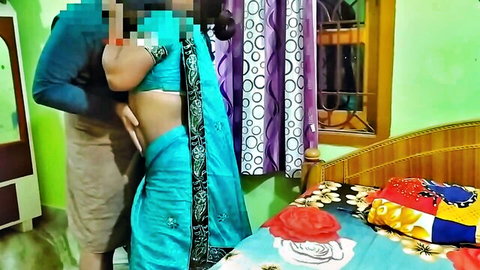 Hot Indian wife in blue saree hugged and groped from behind by lover exposing midriff