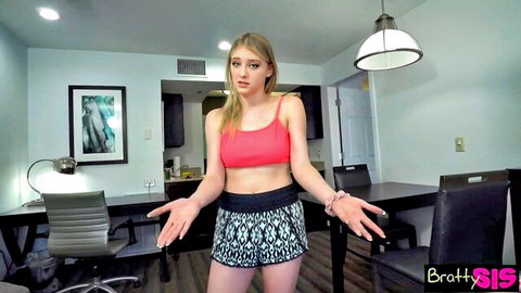 Skinny blonde stepsis in tight pink sports bra and shorts shrugs teasing her medium tits