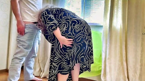 Mature stepmom with cellulite bent over in dress for stepson fuck