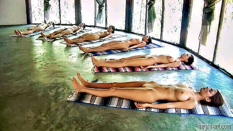 Melissa Mendiny in nude yoga class with naked women lying on mats