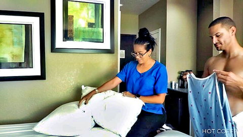 Jolla PR as Asian maid seduced by shirtless hotel guest in room service scene
