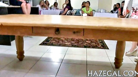 Latina women in dresses at party teased for pussy and ass licking
