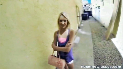 Petite blonde teen in pink tank top and shorts, outdoor alley tease