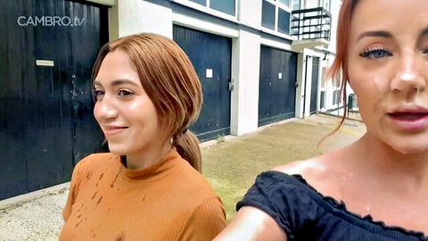 Zoey Grey and Artemis Carmona cumwalk outdoors in sexy tops