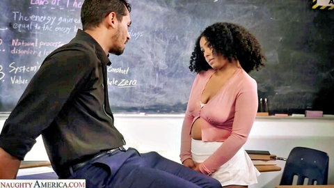 Ebony student with big tits in pink crop top and mini skirt teases teacher in classroom