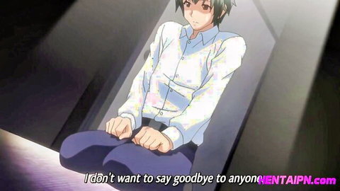 Sad green-haired hentai boy in white shirt and purple pants sits cross-legged emotional face saying goodbye