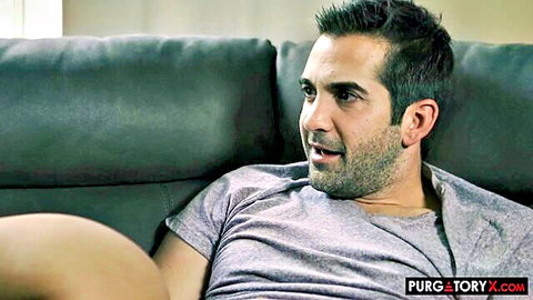 Jaye Summers' bare thigh on man's lap in intimate couch tease