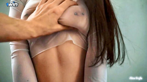 Man gropes woman's perky tit through sheer transparent top