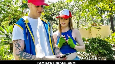Blonde leggy cutie in Pokemon cosplay with tattooed stepbro