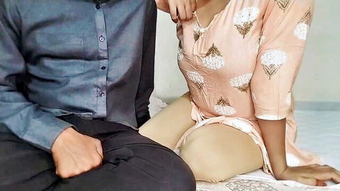 Desi stepsister-in-law in pink salwar kameez gets thigh teased by man on bed