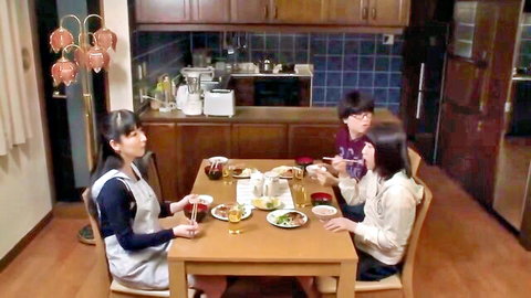 Japanese women in apron and casual top dine with glasses-wearing man in JAV threesome setup
