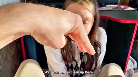 Stepdad points finger at brunette gamer girl's mouth saying clean up there