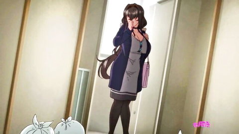 Busty hentai schoolgirl with huge tits in tight dress talks on phone showing deep cleavage