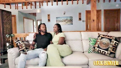 Big ass black wife cuddles with hubby in cuckold tease scene