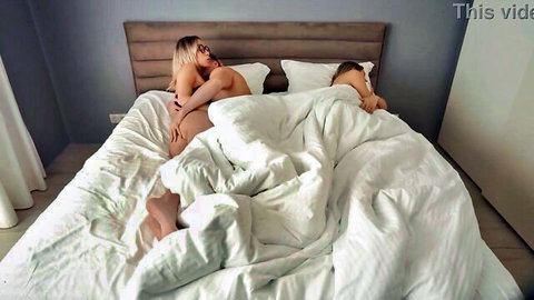 Blonde stepmom cuddles shirtless stepson in bed, cheating affair tease