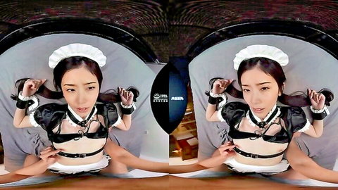 Seductive Asian maid in VR, teasing in black lingerie costume