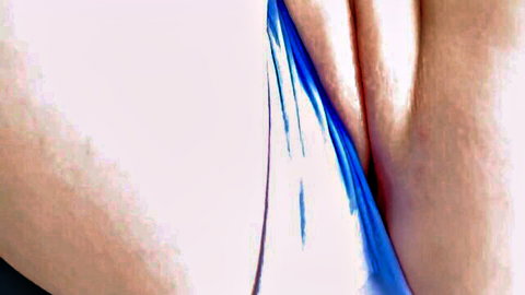 Elly Peach close-up spreading legs in blue thong exposing wet pussy