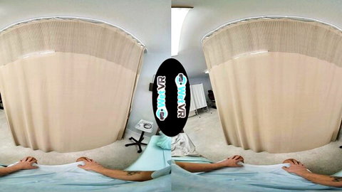 VR creampie clinic scene with tattooed patient on exam bed