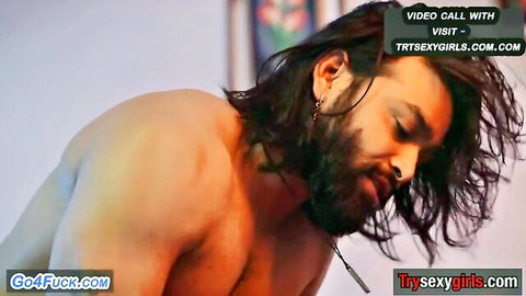 Shirtless muscular Indian man with long hair and beard in spicy mommy sex video