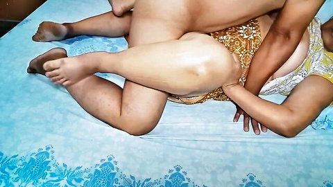 Homemade amateur Indian MILF housewife in yellow dress spooning sex