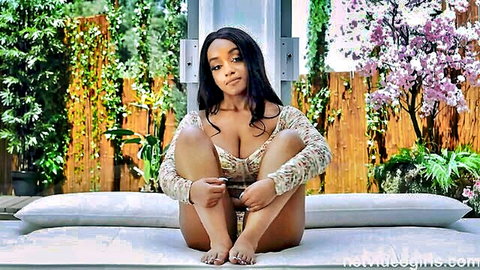 Lily Starfire all natural ebony goddess seductive sit in lace top cleavage