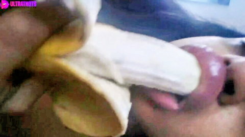 Denice Fagerberg seductively sucking banana in close-up oral tease