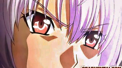 Intense hentai babe with purple hair and red eyes in chained anime scene