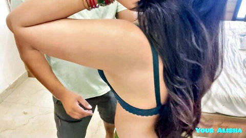 Desi Alisha in black bra grabbed from behind by man in cheating scene