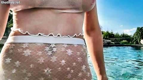 Christina Khalil topless poolside tease in sheer white lace thong