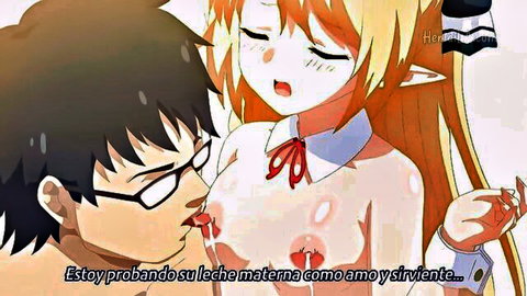 Glasses anime guy passionately sucking lactating big tits of busty elf girl with milk dripping.