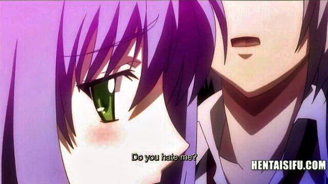 Blushing purple-haired anime girl with green eyes asking 'Do you hate me?' in hentai couple scene